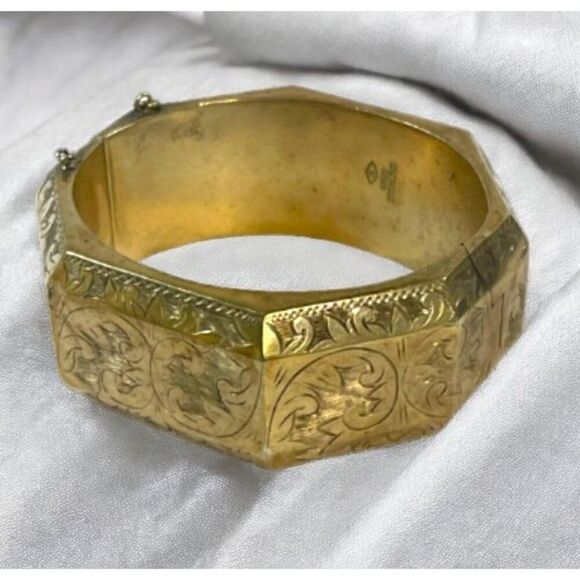 Siam Sterling Silver Hinged Bangle Bracelet VTG Octagon Floral Etched Art Deco - Picture 1 of 10